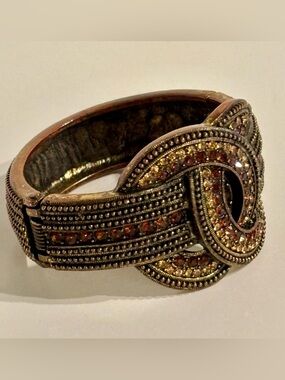 Rhinestone Statement Cuff Bracelet Bronze Amber  Crystal Wide